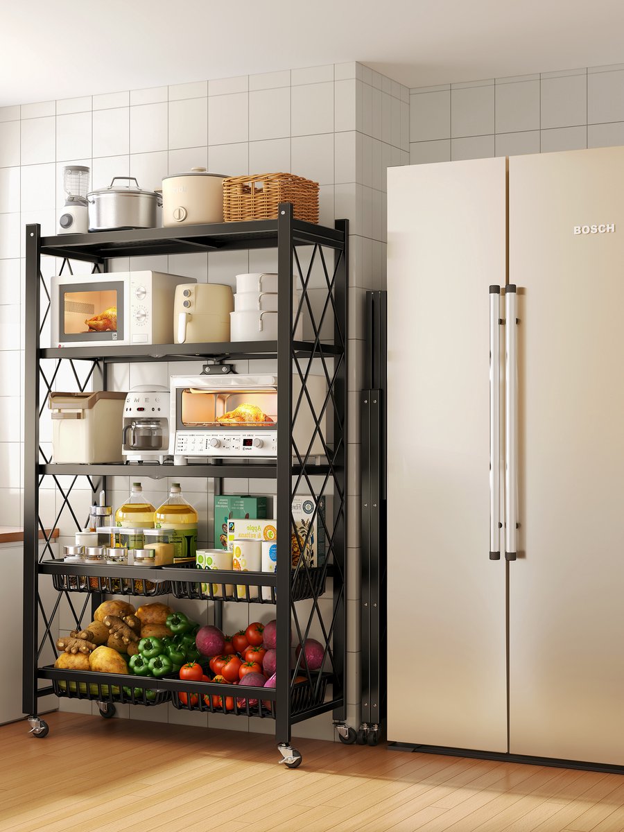 Velox Goods VL‑522 4‑Layer Storage Rack – Collapsible Shelves with Wheels – Sturdy Standing Rack for Kitchen, Bathroom & Living Room – Open Box Cabinet – Black