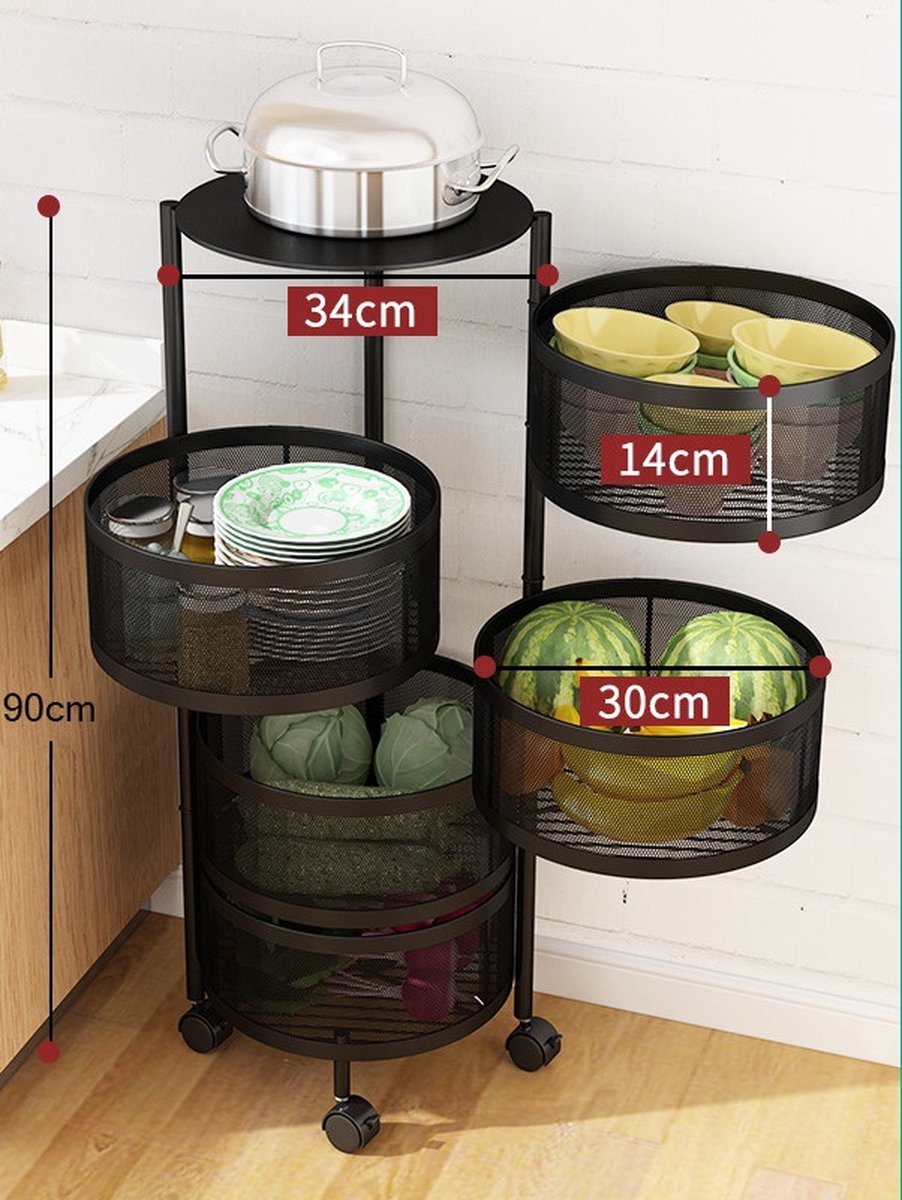 Velox Goods VL-519 Rotating Kitchen Storage Rack – 5-Tier Fruit and Vegetable Basket with Wheels – Swivel Metal Storage Basket – Black – 180° Rotatable – For Kitchen, Living Room & Bathroom