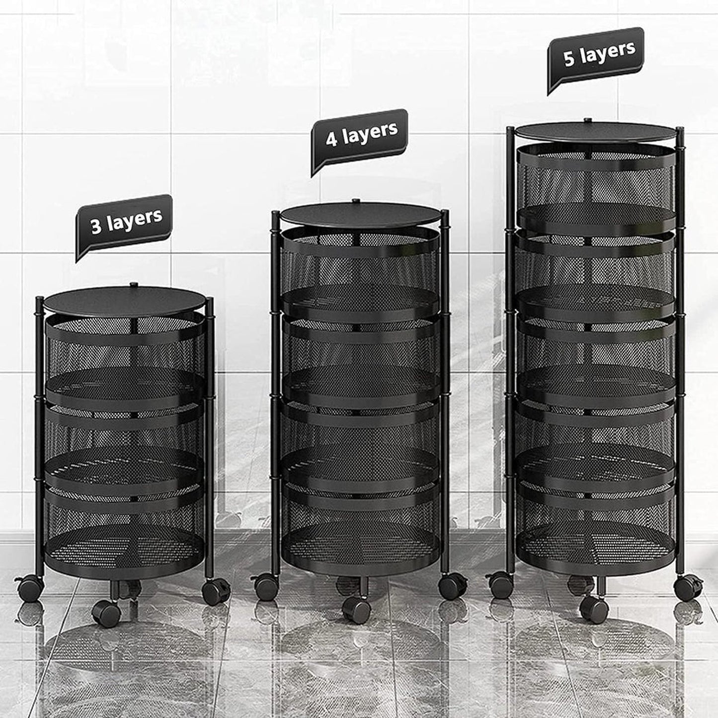 Velox Goods VL‑519 Rotating Kitchen Rack – 5-Tier Basket with Wheels, 180° Swivel – Black