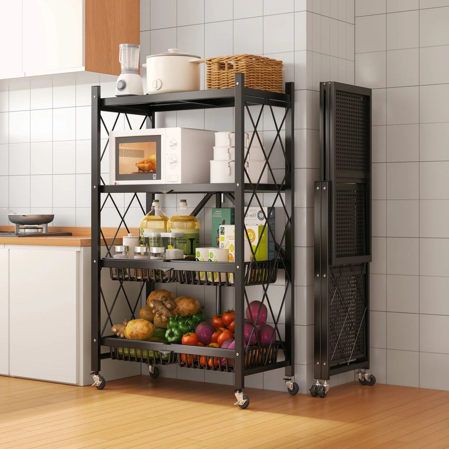 Velox Goods VL‑522 Storage Rack – Collapsible 4-Tier Shelves with Wheels – Black