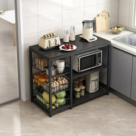 Velox Goods VL‑524 Kitchen Island – Standing Rack with 3 Shelves & Worktop – Black