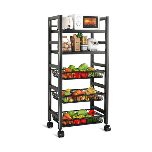 Velox Goods VL-518 Kitchen Shelves – Mobile 5-Tier Metal Rack with Mesh Baskets – Black